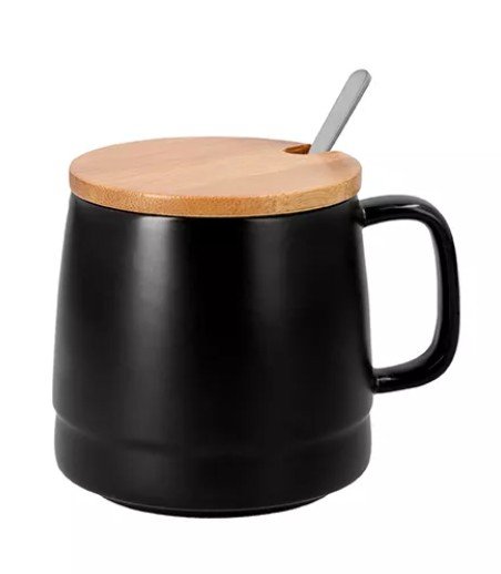 TAZA DE CERAMICA NEGRA CON TAPA DE BAMBOO DE  450 ML